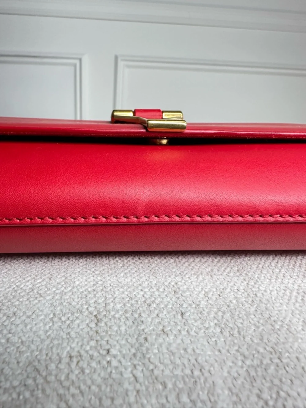 SOLD. Yves Saint Laurent Red Leather Clutch with Gold Y Emblem - Picture 5 of 15